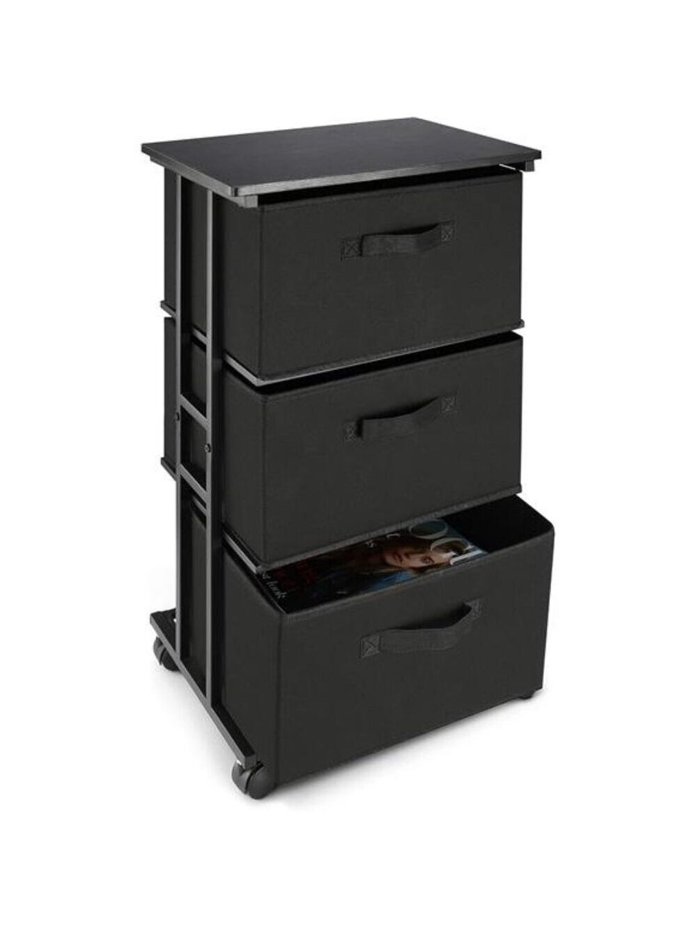 Black 3 Drawer Storage Tower Dresser Fabric Organizer Rolling Slim Bedroom Close
